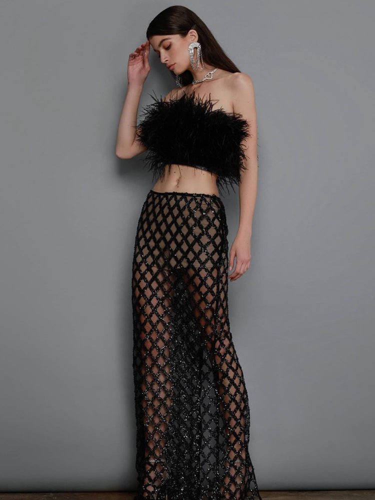 Feather Bandage Top & Sequins Long Skirt | Fashionsarah.com