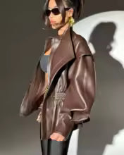 Vintage Wide Shoulder Leather Jacket - Fashionsarah.com