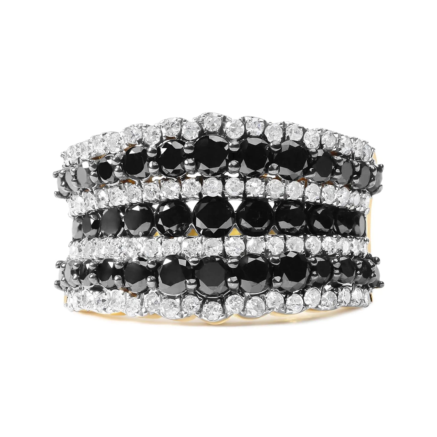 14K Yellow Gold Plated .925 Sterling Silver 1 3/4 Cttw Treated Black and White Alternating Diamond Multi Row Band Ring (Black / I-J Color, I2-I3 Clarity) | Fashionsarah.com