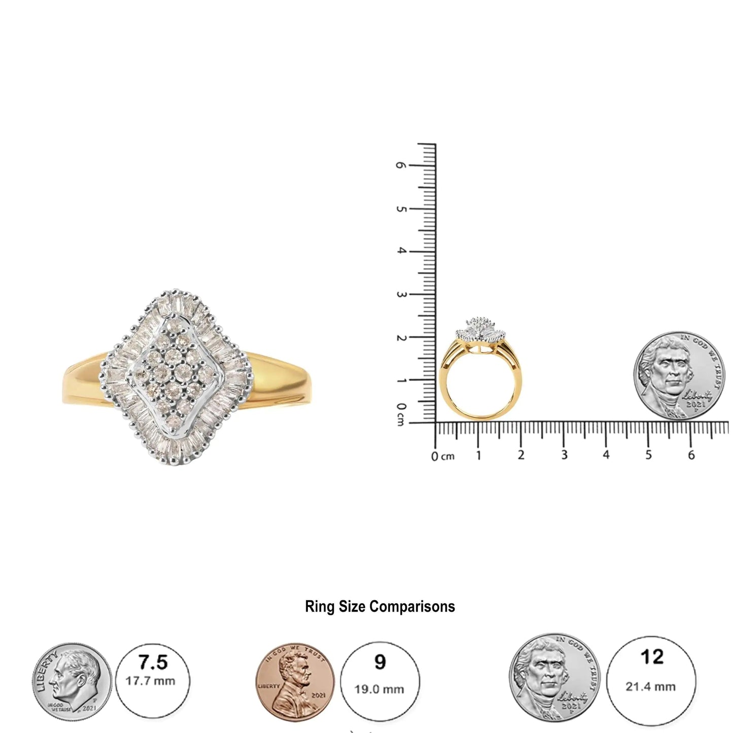 10K Yellow Gold 1/2 Cttw Round And Baguette-cut Diamond Rhombus Head and Halo Ring (I-J Color, I1-I2 Clarity) | Fashionsarah.com