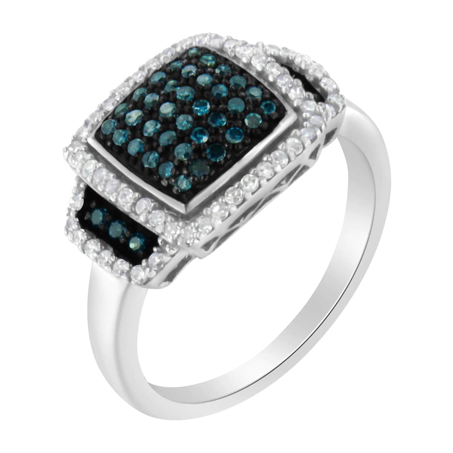 Black Rhodium Plated .925 Sterling Silver 1/2 Cttw White & Blue Diamond Square Halo Cocktail Ring (Fancy Blue & H-I Color, I2-I3 Clarity) | Fashionsarah.com