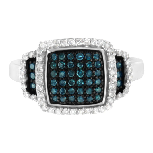 Black Rhodium Plated .925 Sterling Silver 1/2 Cttw White & Blue Diamond Square Halo Cocktail Ring (Fancy Blue & H-I Color, I2-I3 Clarity) | Fashionsarah.com