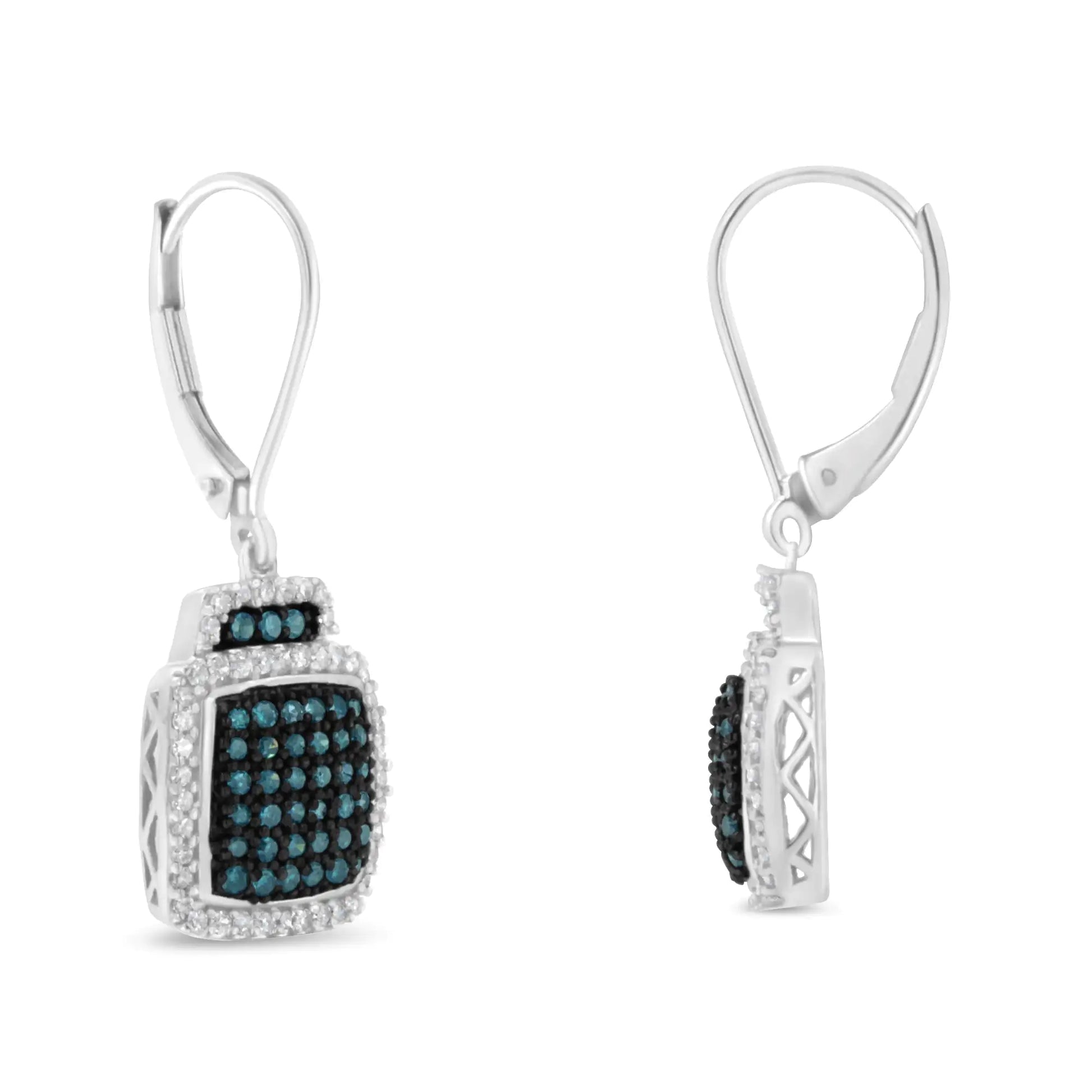 Black Rhodium over .925 Sterling Silver ¾ Cttw Blue and White Diamond Cushion Shaped Dangle Earrings (Enhanced Blue & I-J Color, I2-I3 Clarity) | Fashionsarah.com