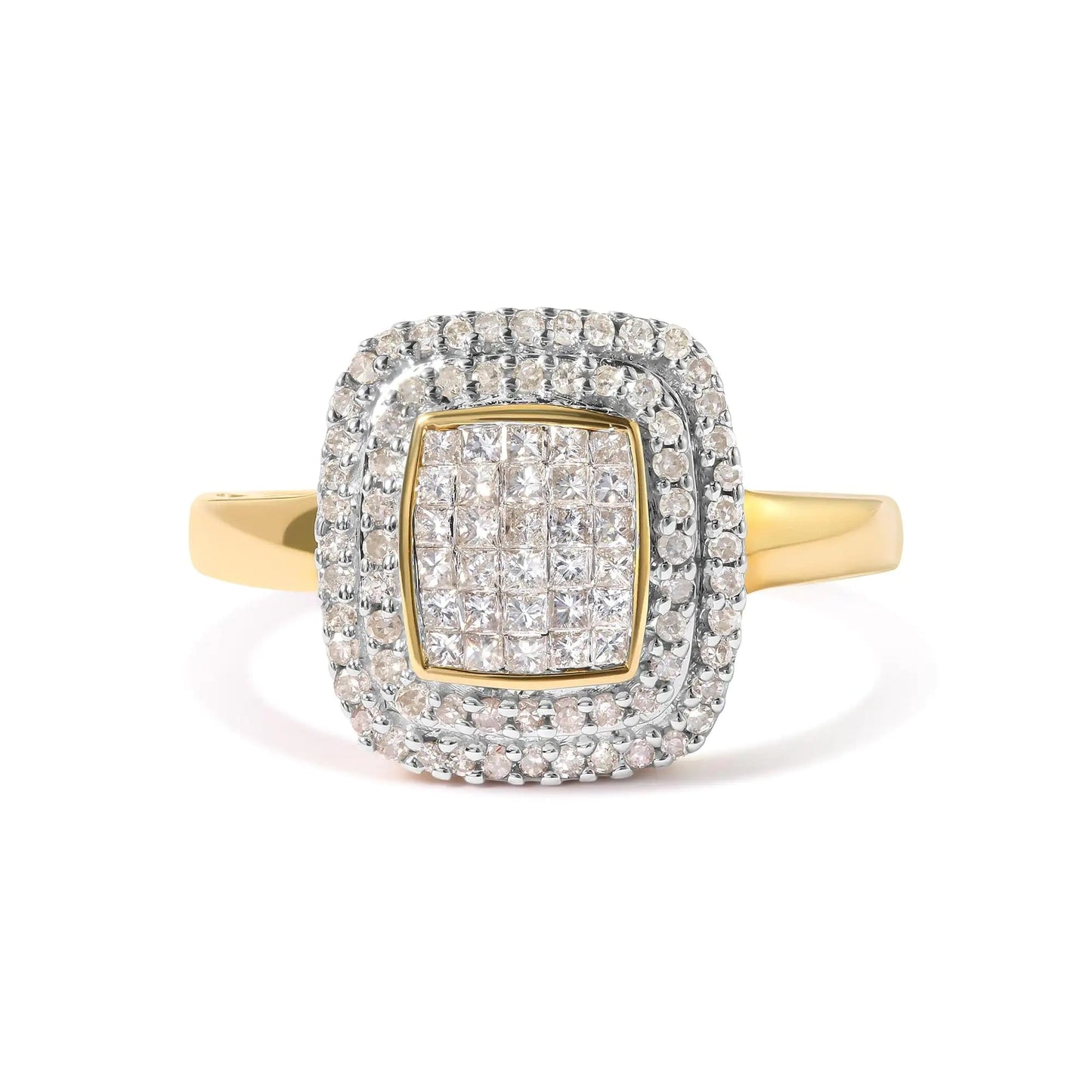 10K Yellow Gold 1/2 cttw Round and Princess Diamond Composite Head and Halo Ring (H-I Color, SI1-SI2 Clarity) | Fashionsarah.com