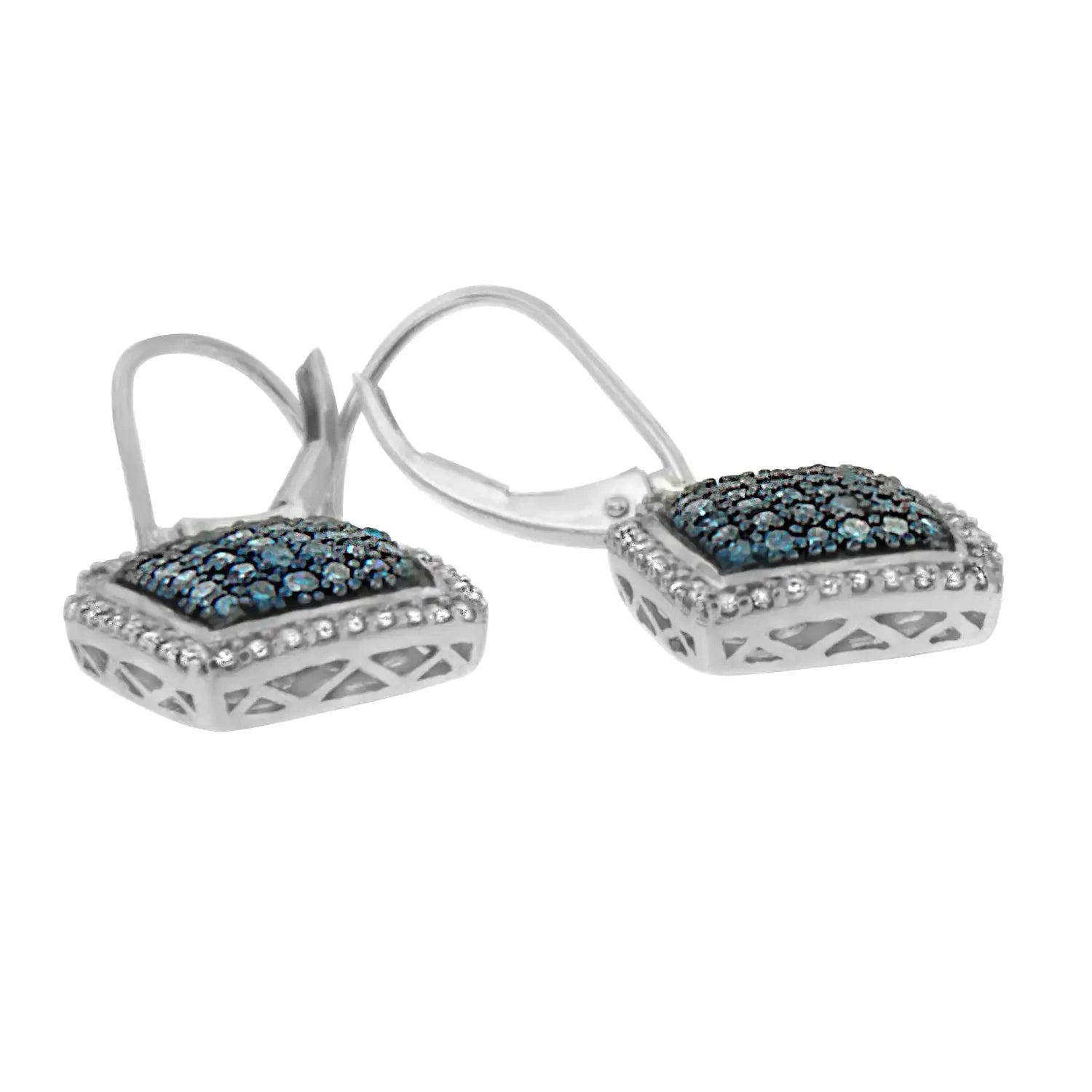 Black Rhodium over .925 Sterling Silver ¾ Cttw Blue and White Diamond Cushion Shaped Dangle Earrings (Enhanced Blue & I-J Color, I2-I3 Clarity) | Fashionsarah.com