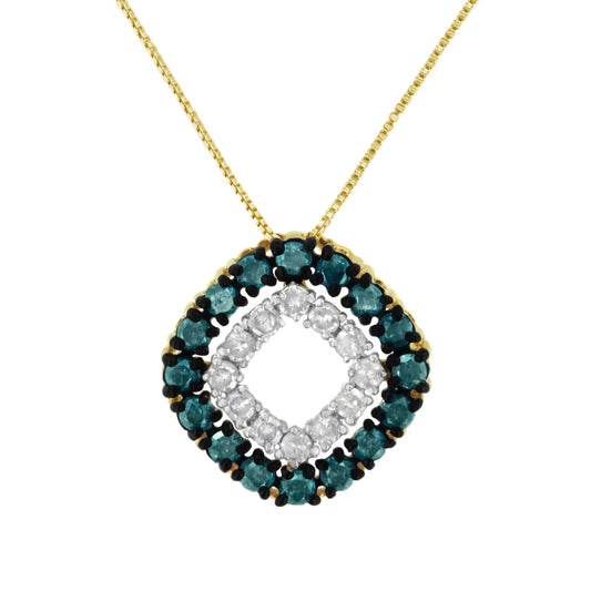 14K Yellow Gold Plated .925 Sterling Silver 1/2 Cttw Color Treated Diamond Square Pendant Necklace (Blue, Yellow, I2-I3 Clarity) | Fashionsarah.com