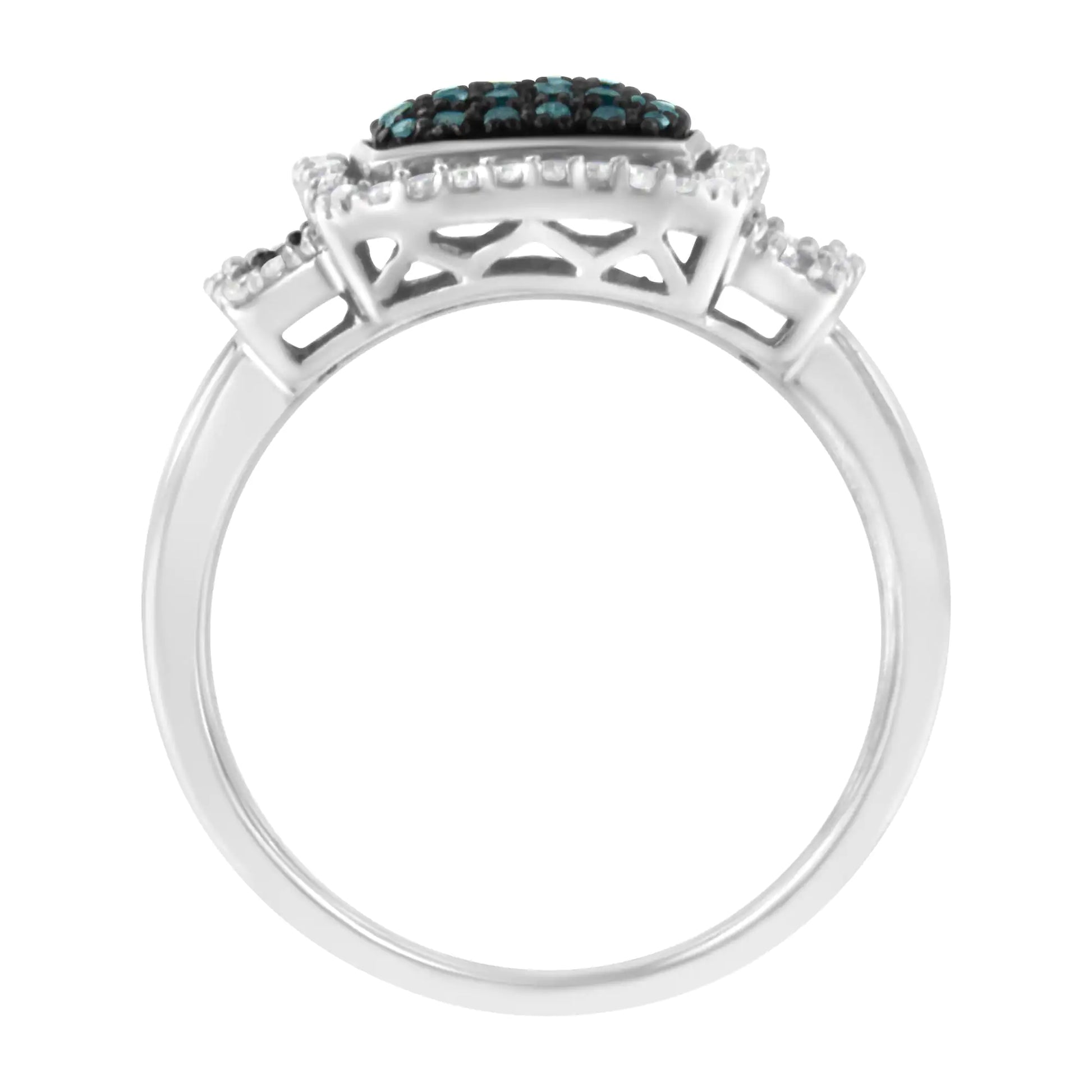 Black Rhodium Plated .925 Sterling Silver 1/2 Cttw White & Blue Diamond Square Halo Cocktail Ring (Fancy Blue & H-I Color, I2-I3 Clarity) | Fashionsarah.com