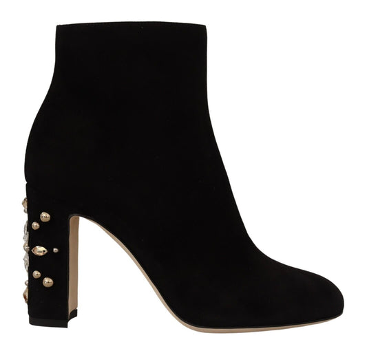 Dolce & Gabbana Black Suede Leather Crystal Heels Boots Shoes | Fashionsarah.com