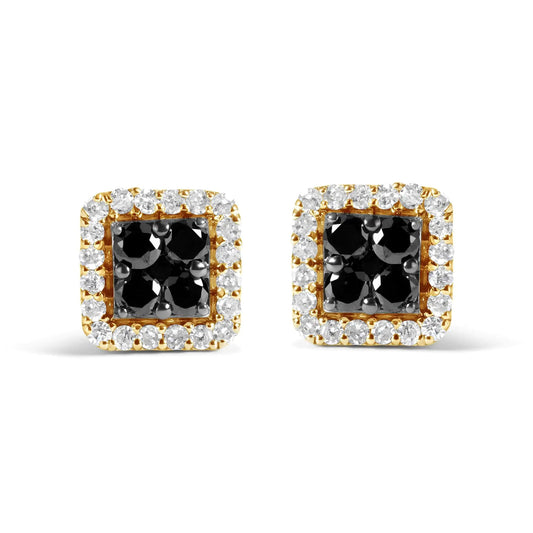 10K Yellow Gold 5/8 Cttw White and Black Treated Diamond Composite with Halo Stud Earring (Black / I-J, I2-I3 Clarity) | Fashionsarah.com