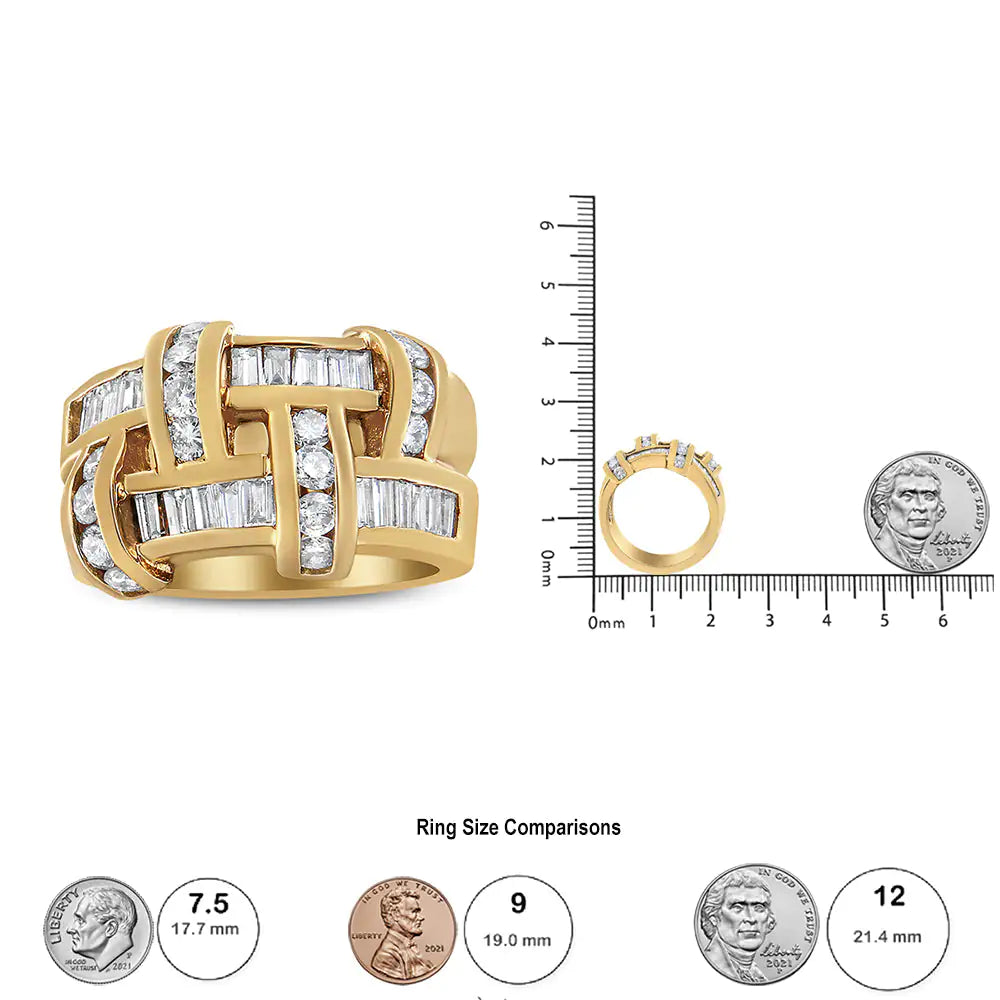 14K Yellow Gold 1 5/8 Cttw Round and Baguette Diamond Lattice Grid Design Ring Band (H-I Color, VS2-SI1 Clarity) - Ring Size 6 | Fashionsarah.com