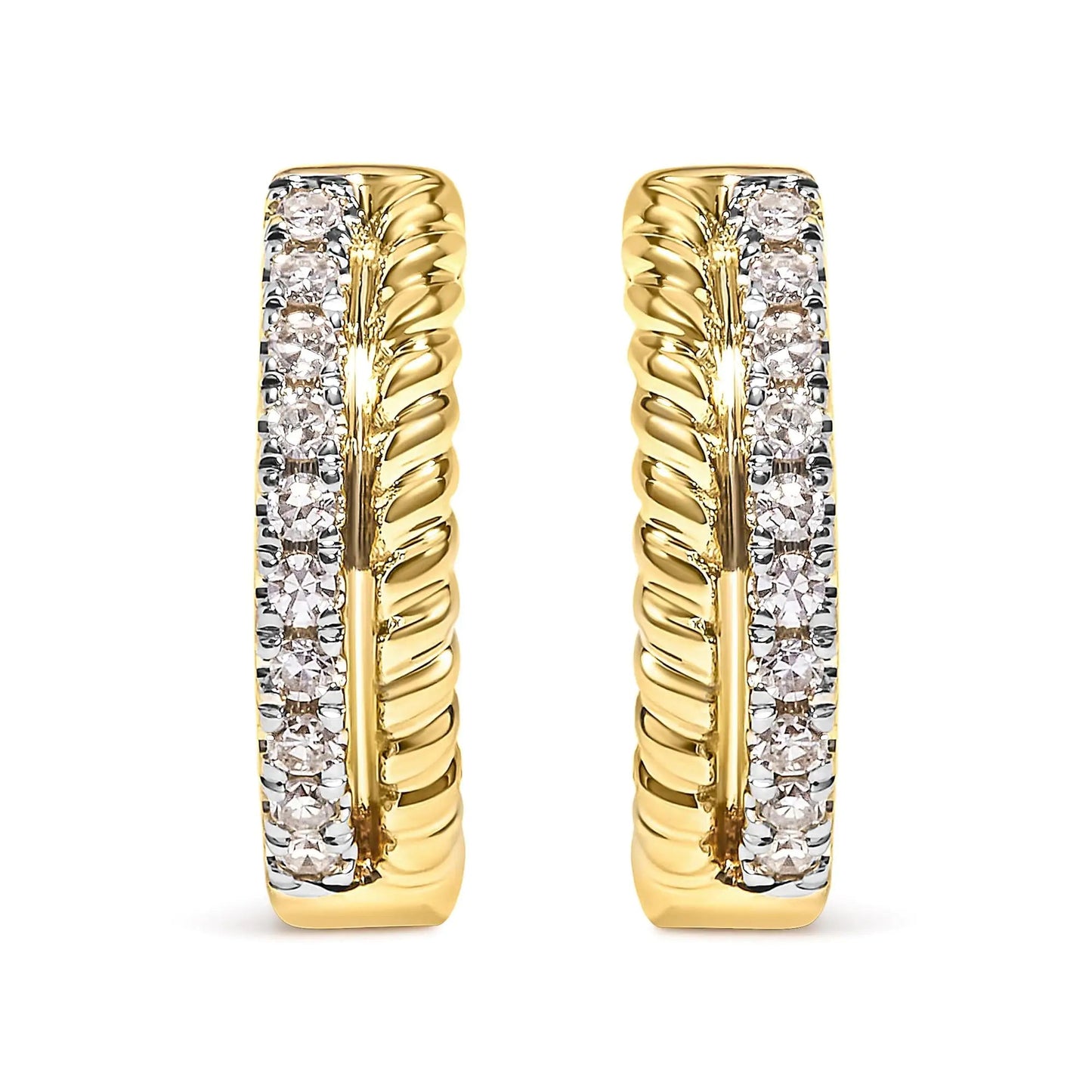 10K Yellow Gold 1/10 Cttw Diamond and Rope Twist Huggy Hoop Earrings (H-I Color, I1-I2 Clarity) | Fashionsarah.com