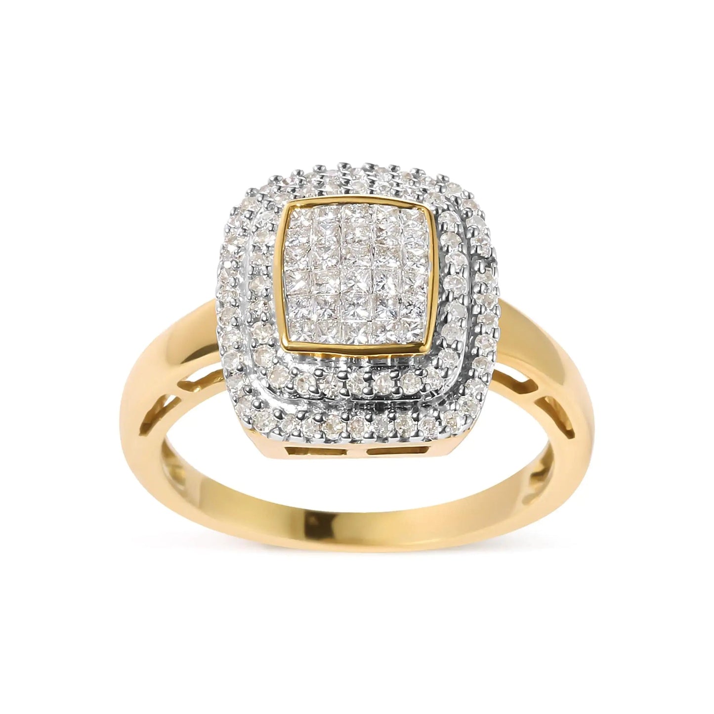 10K Yellow Gold 1/2 cttw Round and Princess Diamond Composite Head and Halo Ring (H-I Color, SI1-SI2 Clarity) | Fashionsarah.com