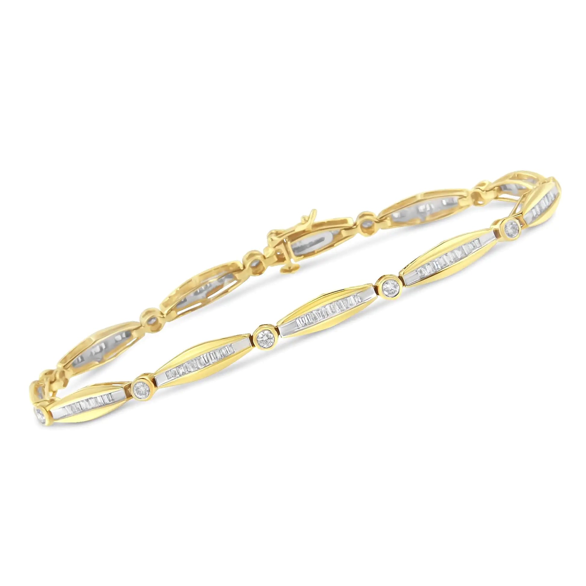 14K Yellow Gold 1-1/2 Cttw Round Brilliant-Cut & Diamond Bezel and Tapered Link 7" Tennis Bracelet (H-I Color, I1-I2 Clarity) | Fashionsarah.com