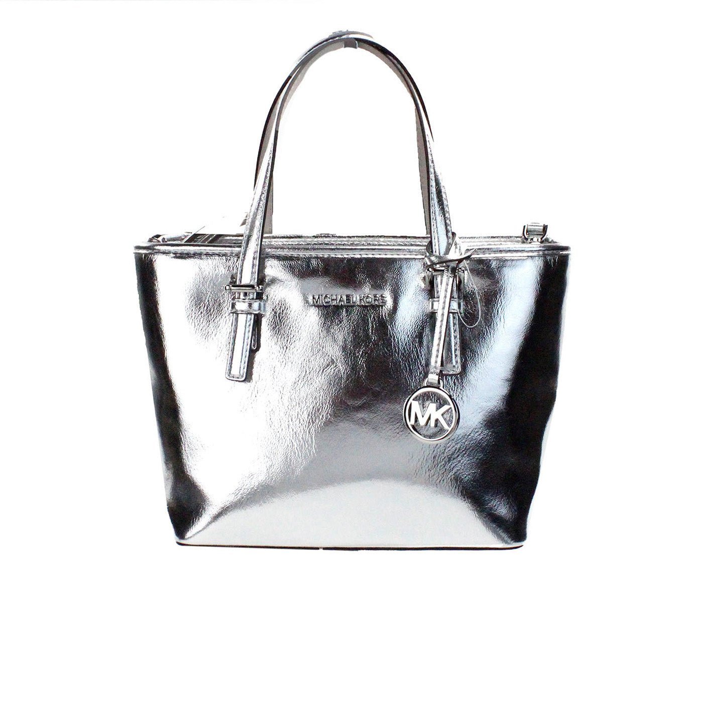 Michael Kors Jet Set Silver Metallic XS Carryall Top Zip Tote Bag | Fashionsarah.com