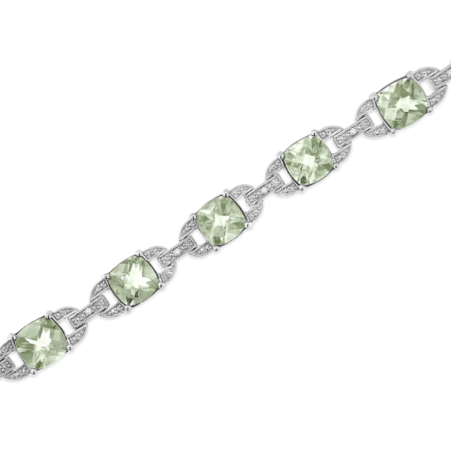 .925 Sterling Silver 7x7 mm Cushion Cut Green Amethyst and 1/20 cttw Round Cut Diamond Fashion Tennis Bracelet (I-J Color, I1-I2 Clarity) - 7" | Fashionsarah.com