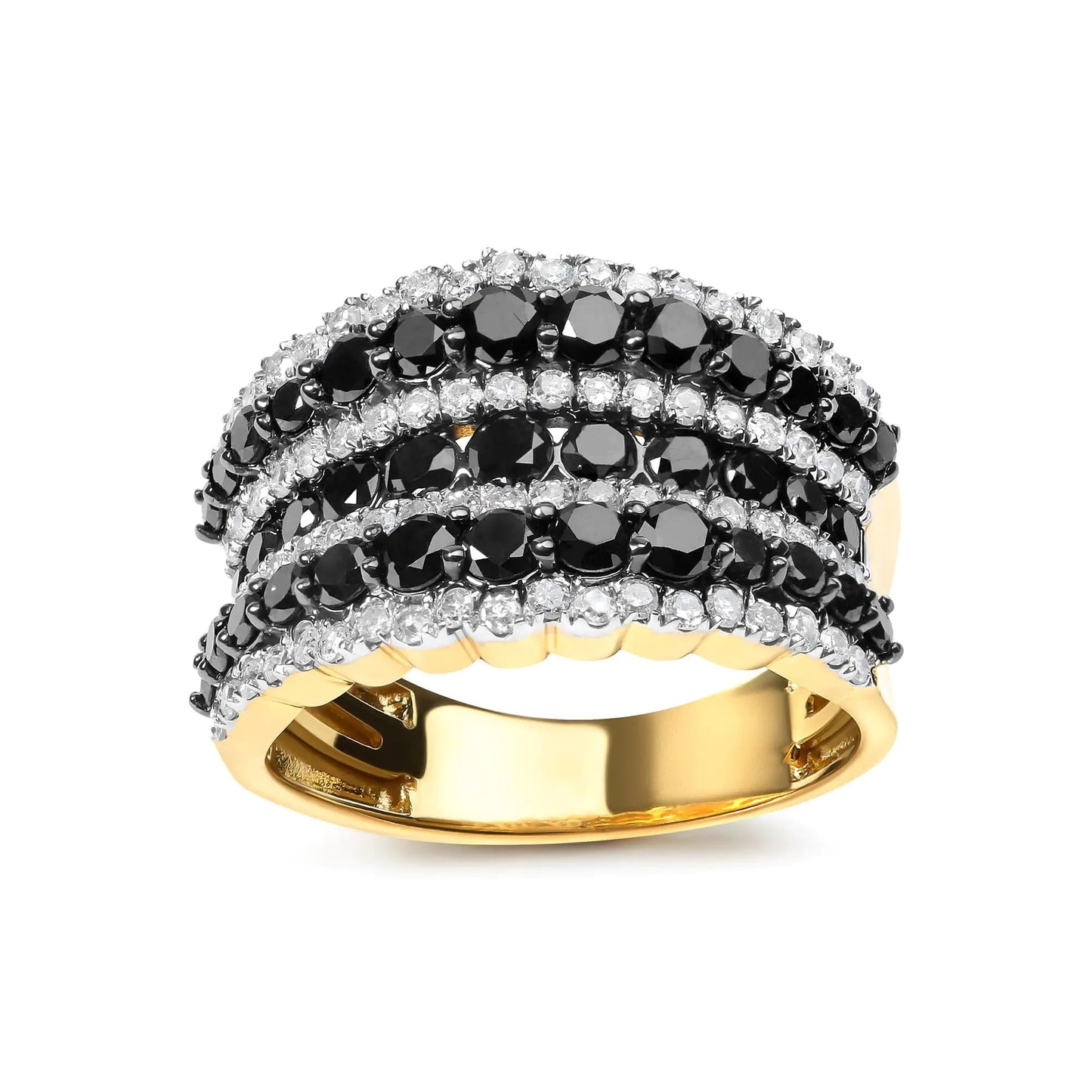 14K Yellow Gold Plated .925 Sterling Silver 1 3/4 Cttw Treated Black and White Alternating Diamond Multi Row Band Ring (Black / I-J Color, I2-I3 Clarity) | Fashionsarah.com