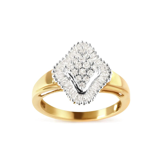 10K Yellow Gold 1/2 Cttw Round And Baguette-cut Diamond Rhombus Head and Halo Ring (I-J Color, I1-I2 Clarity) | Fashionsarah.com