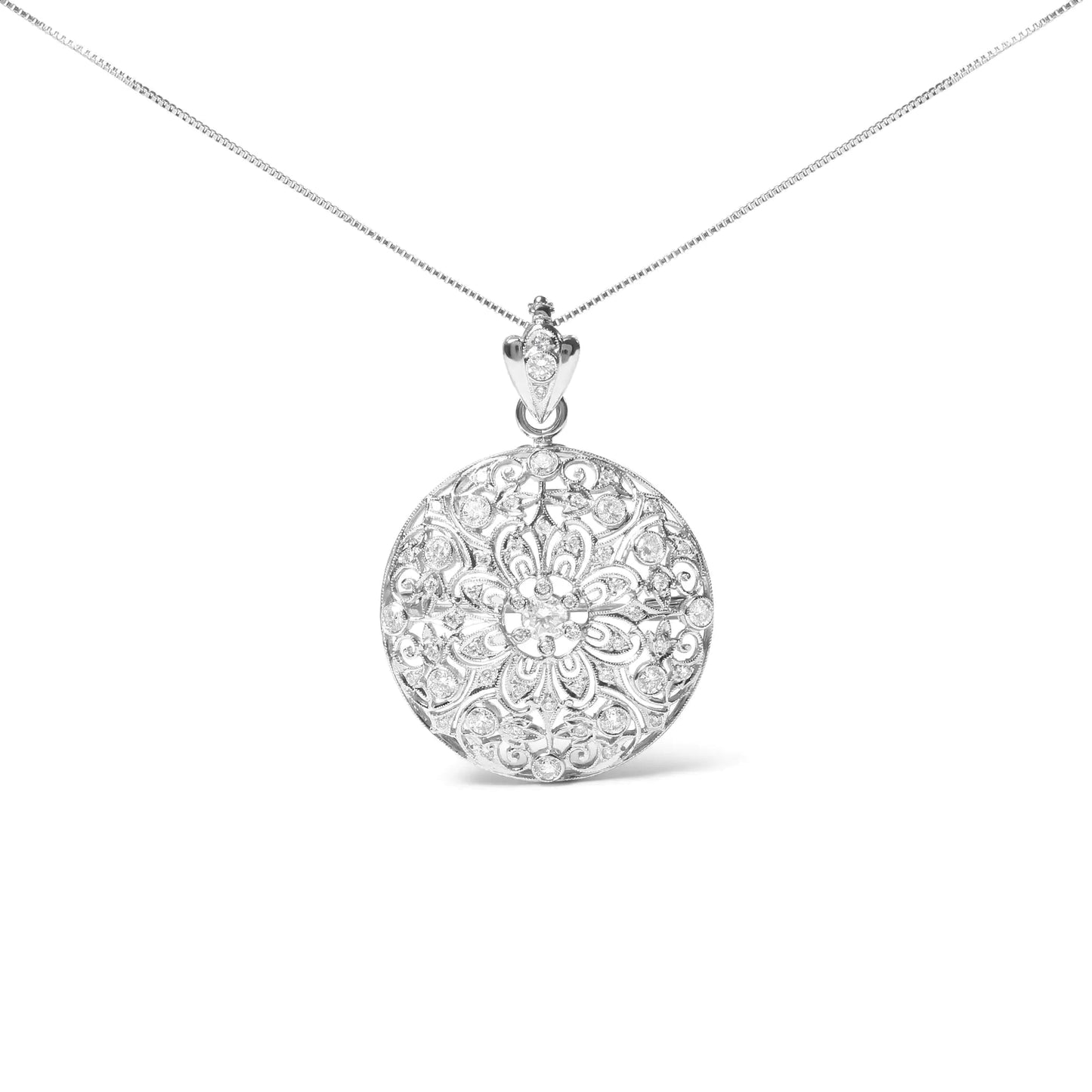 18K White Gold 1 5/6 Cttw Diamond Cluster Floral Filigree Brooch Pin and 18" Pendant Necklace (G-H Color, I1-I2 Clarity) | Fashionsarah.com