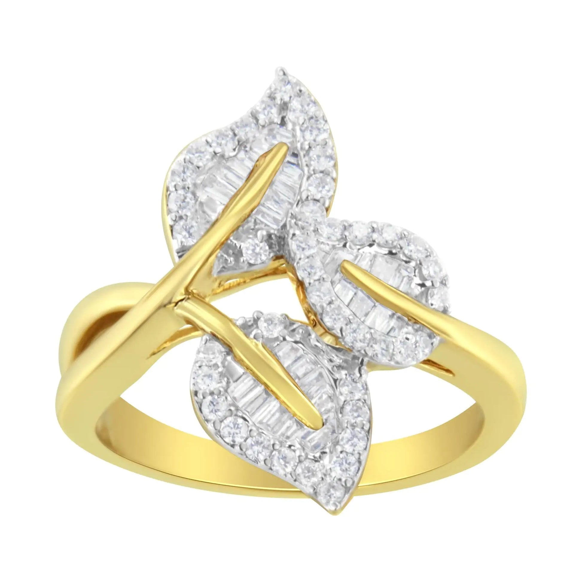 18K Yellow and White Gold Plated .925 Sterling Silver 3/8 Cttw Baguette and Round Diamond Bypass Triple Leaf Ring (I-J Color, I1-I2 Clarity) | Fashionsarah.com