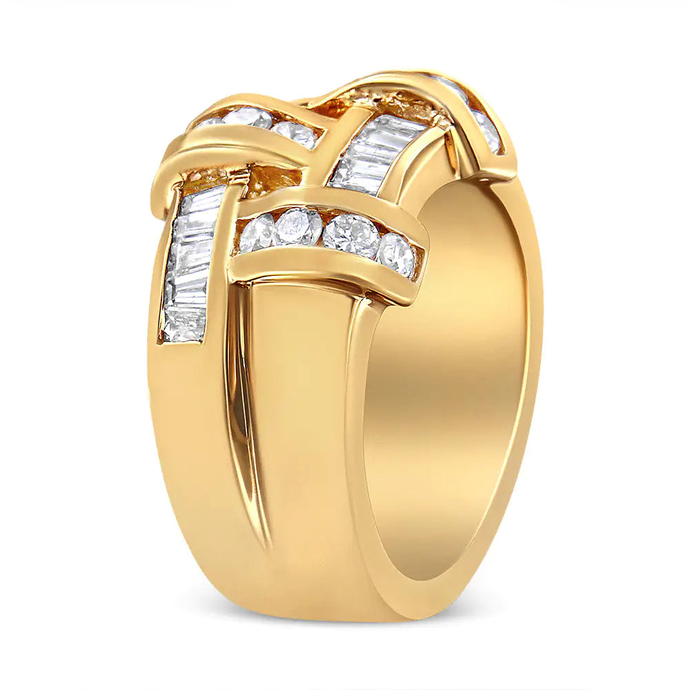 14K Yellow Gold 1 5/8 Cttw Round and Baguette Diamond Lattice Grid Design Ring Band (H-I Color, VS2-SI1 Clarity) - Ring Size 6 | Fashionsarah.com