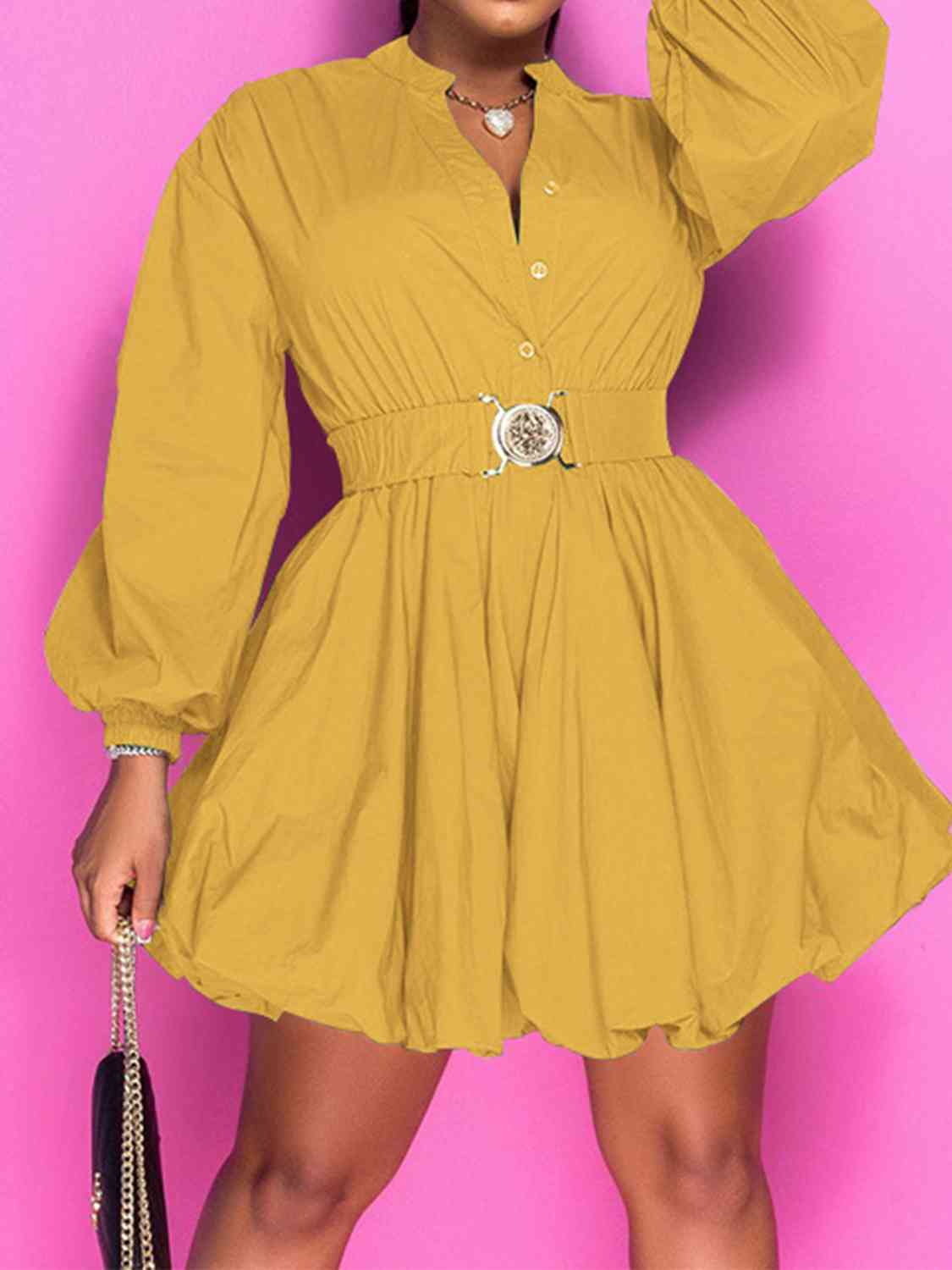 Notched Button Up Balloon Sleeves Dress | Fashionsarah.com