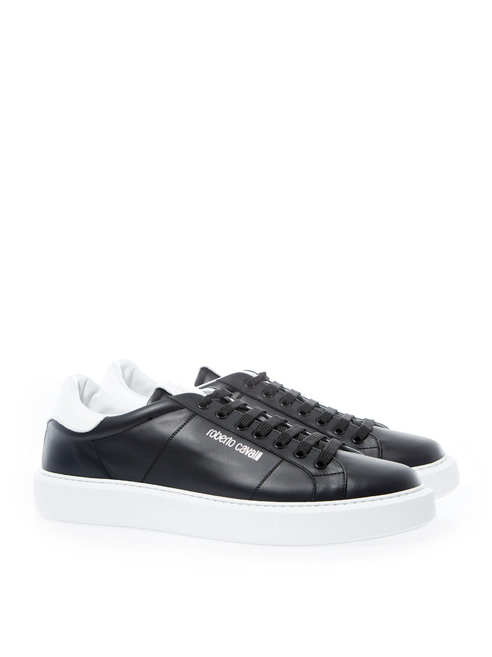 Roberto Cavalli Black Leather Sneakers with Silver Logo | Fashionsarah.com