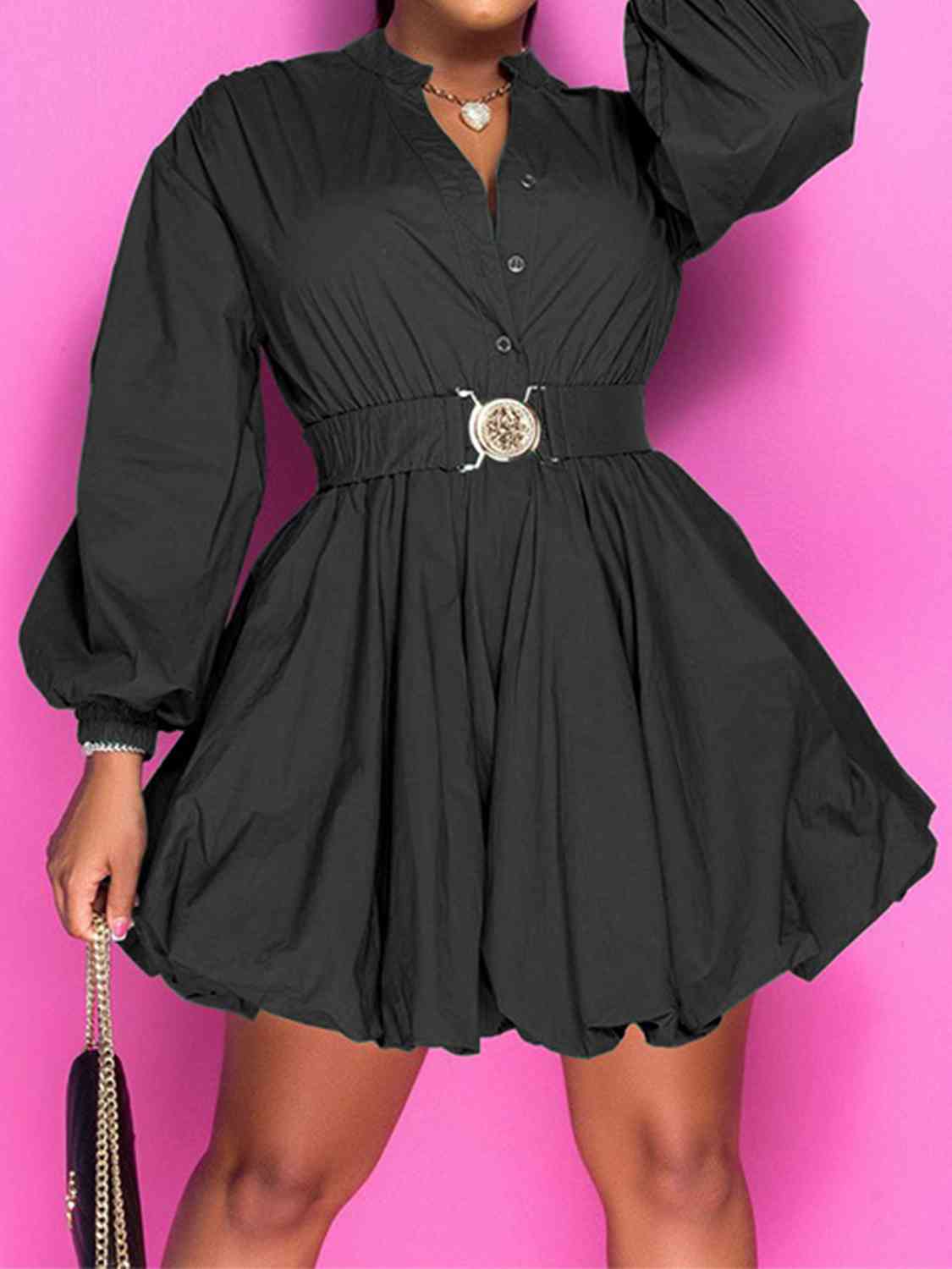 Notched Button Up Balloon Sleeves Dress | Fashionsarah.com