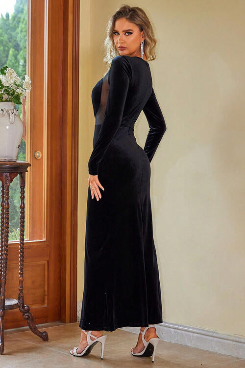 Black Mesh Long Sleeve Slit Dress | Fashionsarah.com