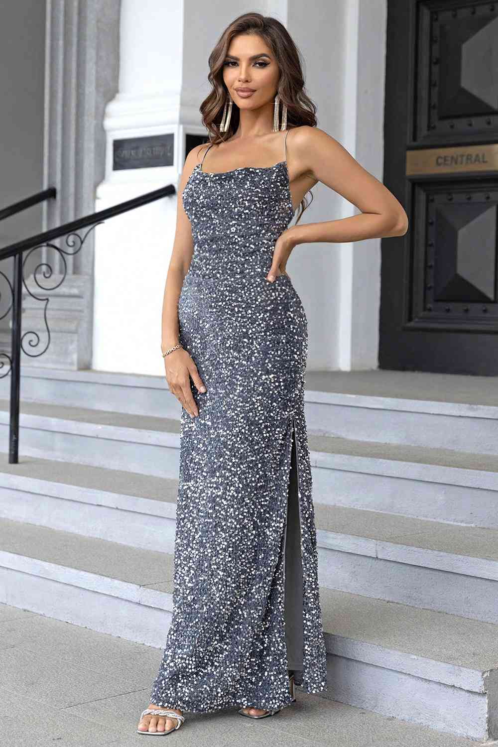 Sequin Backless Split Maxi Dress | Fashionsarah.com