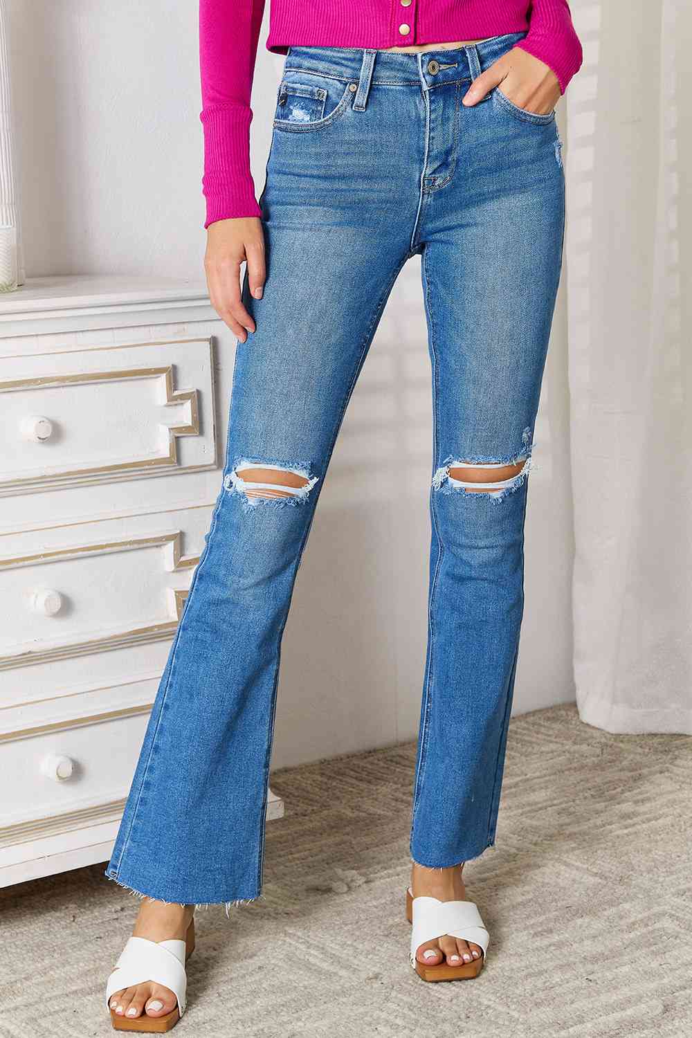 Fashionsarah.com Fashionsarah.com Kancan Full Size Distressed Raw Hem Bootcut Women Jeans