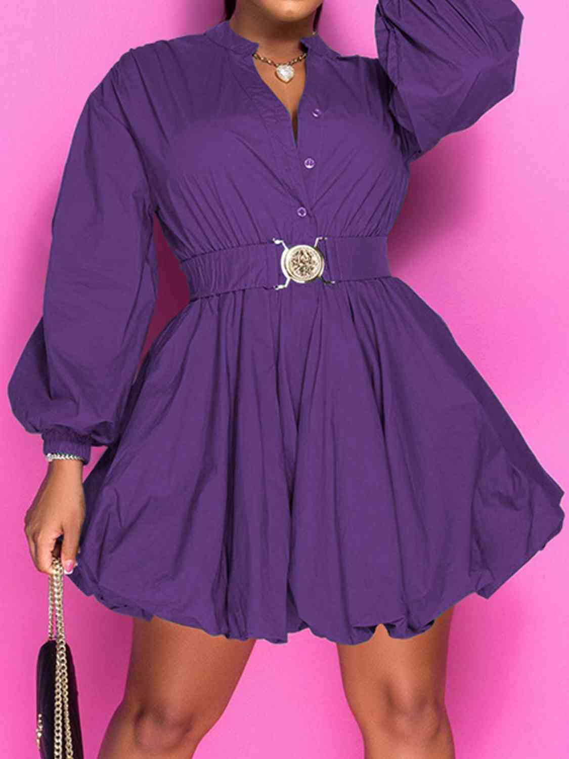 Notched Button Up Balloon Sleeves Dress | Fashionsarah.com