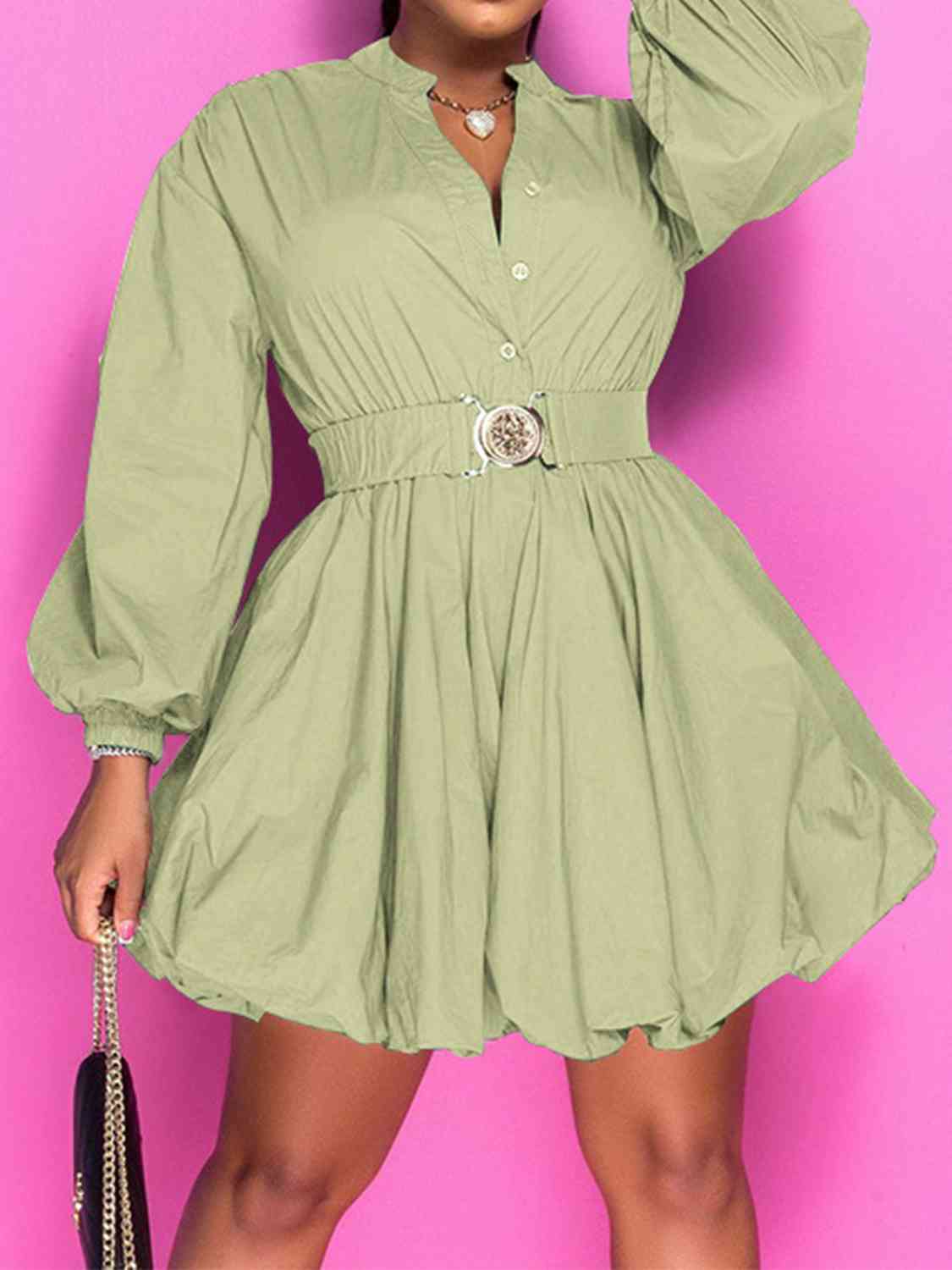 Notched Button Up Balloon Sleeves Dress | Fashionsarah.com