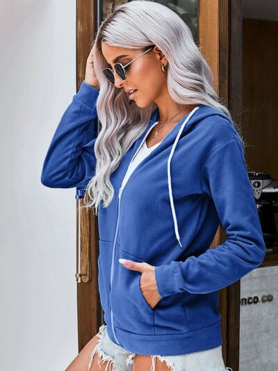 Drawstring Zip Up Hooded Jacket | Fashionsarah.com