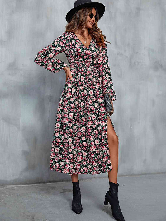 Floral V-Neck Slit Midi Dress | Fashionsarah.com