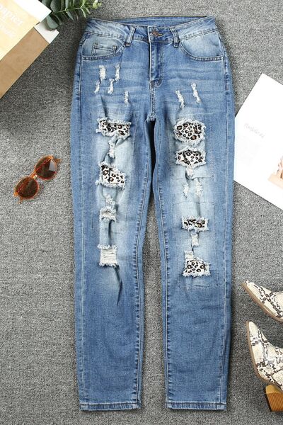 Fashionsarah.com Fashionsarah.com Leopard Distressed Pocketed Straight Women Jeans