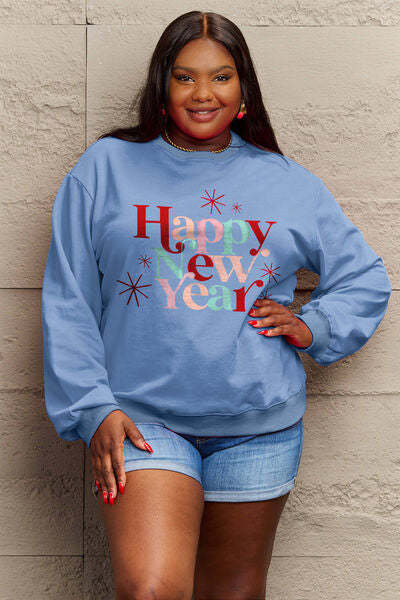 Simply Love Full Size HAPPY NEW YEAR Round Neck Sweatshirt | Fashionsarah.com