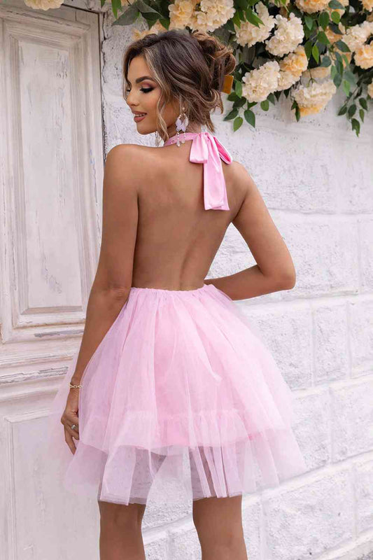 Halter Neck Backless Mesh Dress | Fashionsarah.com