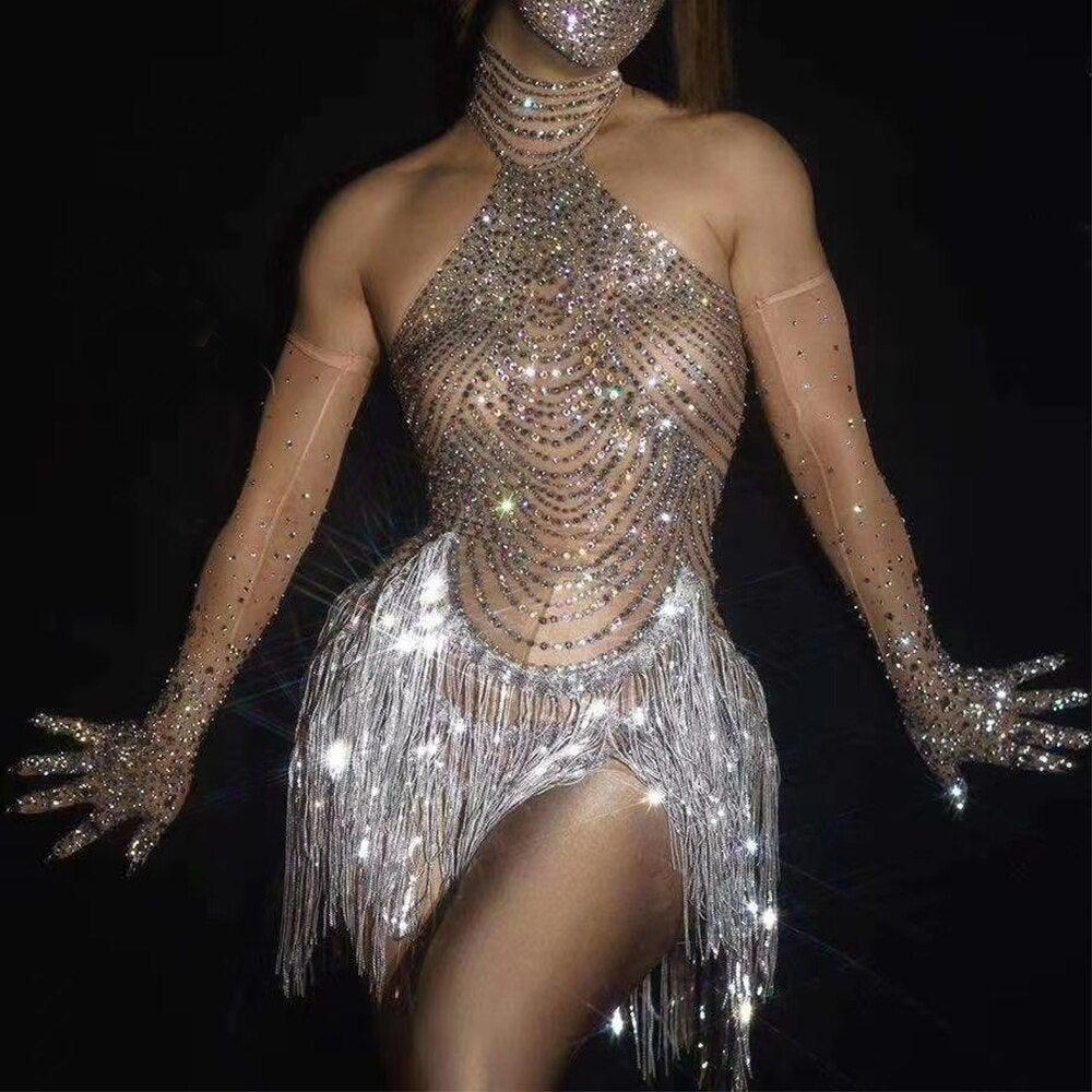 Sparkly Rhinestone Transparent Dress with Gloves and Mask | Fashionsarah.com