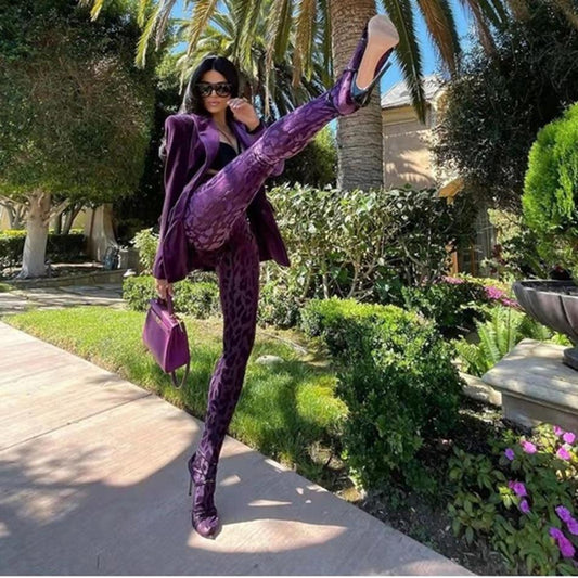 Purple Velvet Tight-fitting Blazer with Slim Trousers | Fashionsarah.com