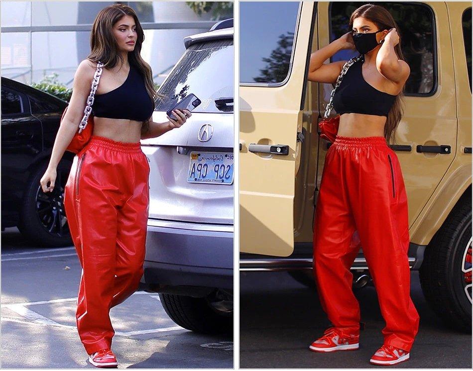 Streetwear Kylie Inspiration Jenner Red Varnished Leather Trousers Baggy  High Waist Shiny Sweatpants With Zip-Fastening Pockets - AliExpress