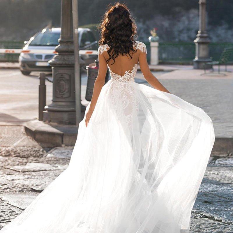 Fashionsarah.com Wedding Tassel Detachable Train 2 In 1 Lace Applique Dress