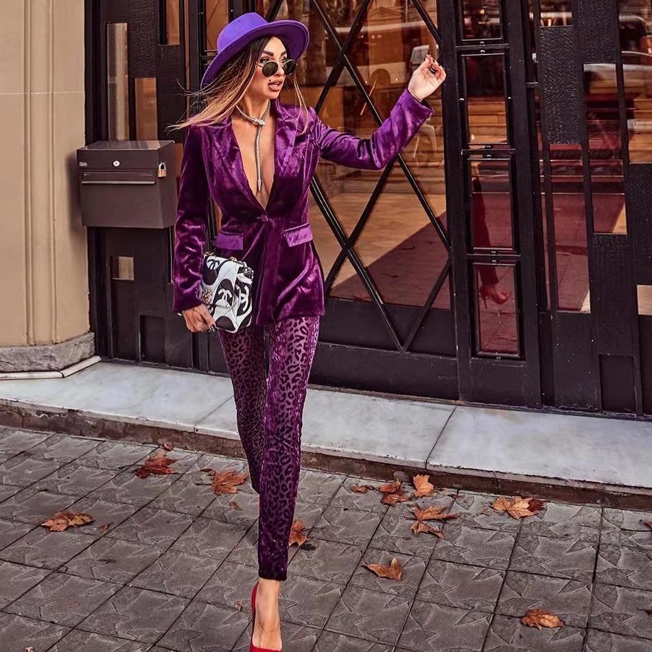 Purple Velvet Tight-fitting Blazer with Slim Trousers | Fashionsarah.com