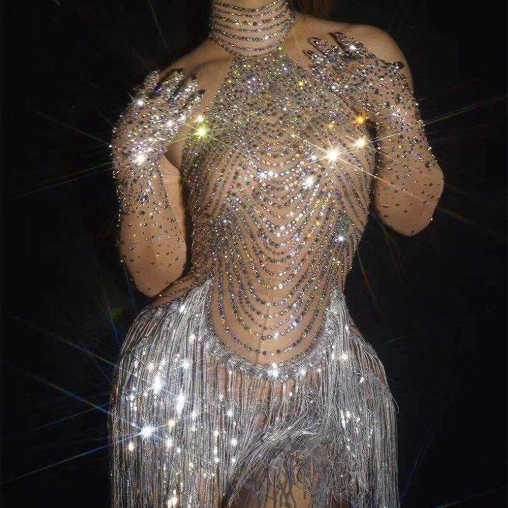 Sparkly Rhinestone Transparent Dress with Gloves and Mask | Fashionsarah.com