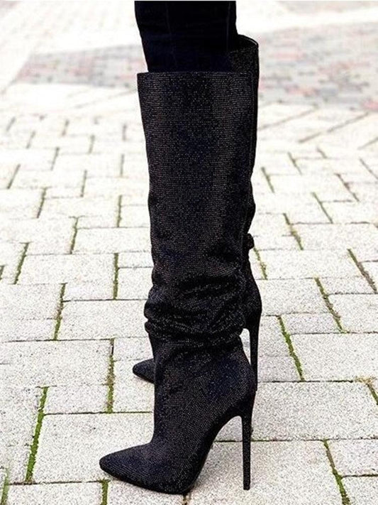 Black Pleated Crystal Boots | Fashionsarah.com