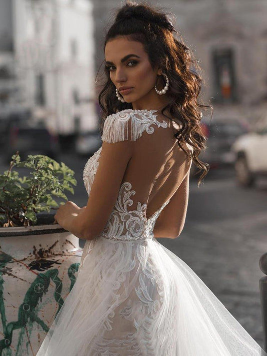 Fashionsarah.com Wedding Tassel Detachable Train 2 In 1 Lace Applique Dress