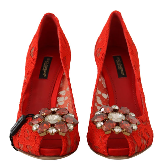 Dolce & Gabbana Red Taormina Lace Crystal Heels Pumps | Fashionsarah.com
