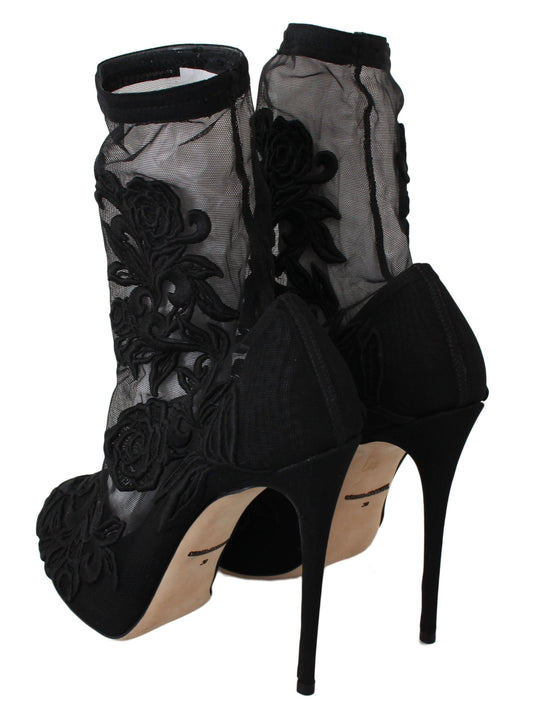 Dolce & Gabbana Black Roses Stilettos Booties Socks Shoes | Fashionsarah.com