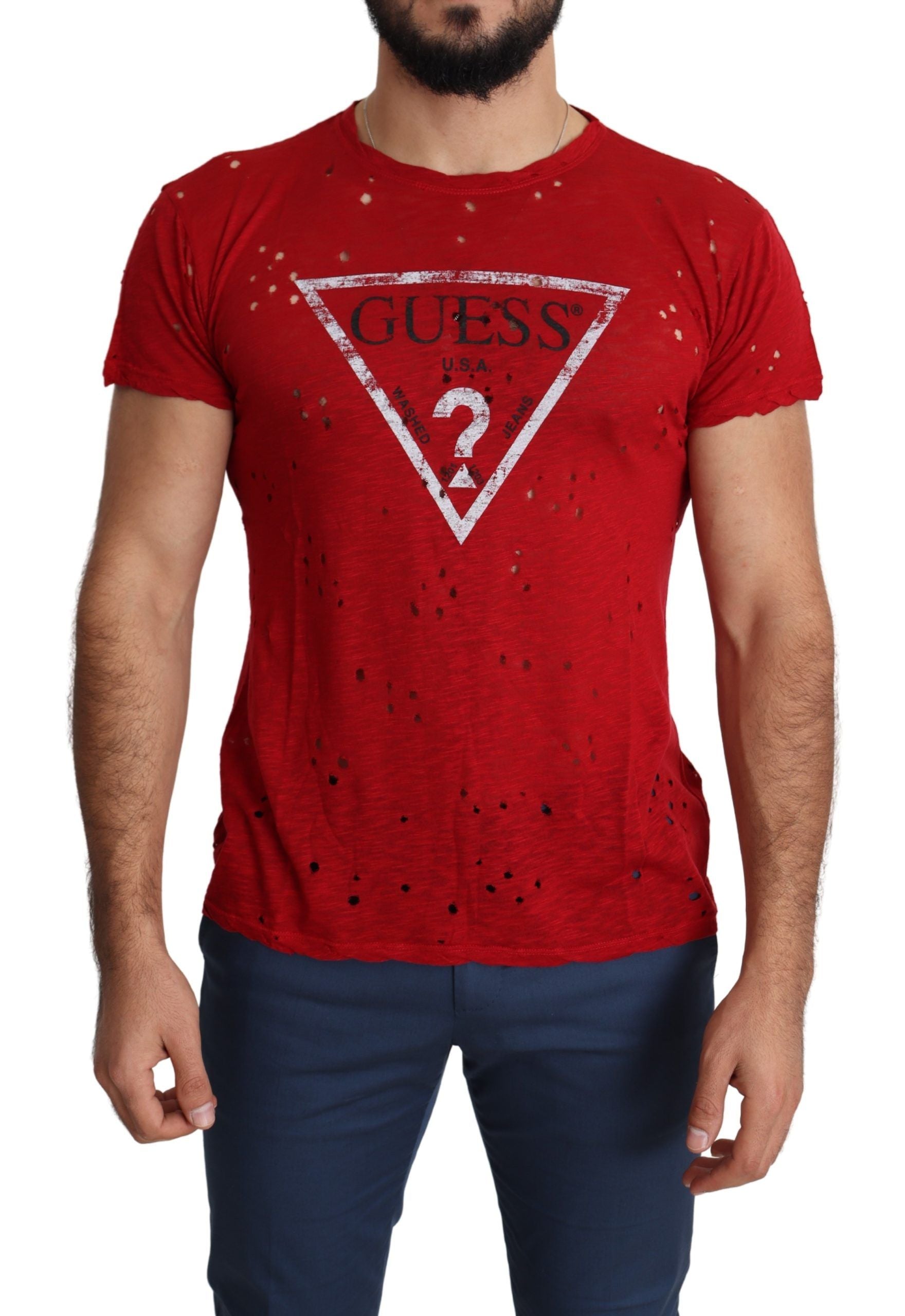 Fashionsarah.com Fashionsarah.com Guess Red Cotton Logo Print Men Casual Top Perforated T-shirt