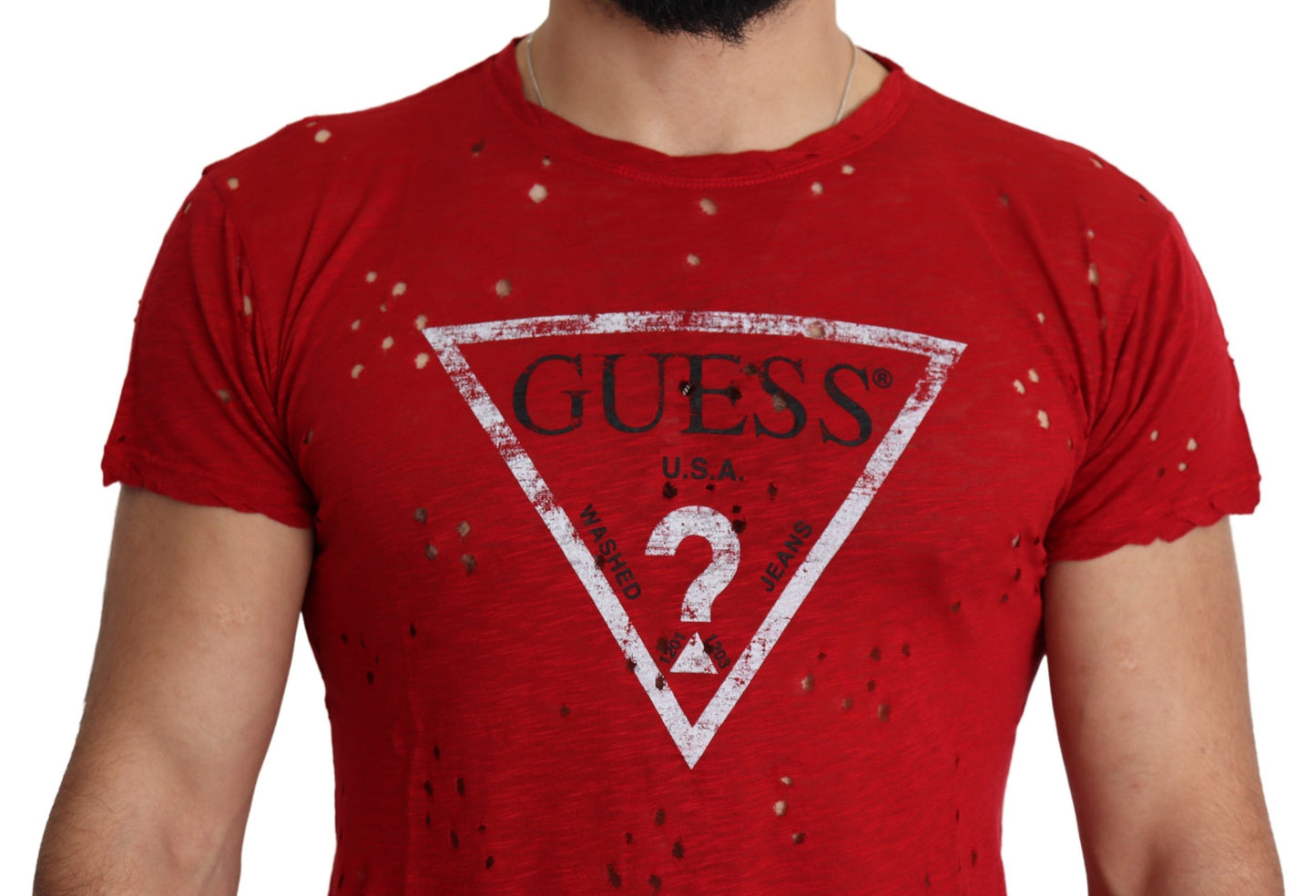 Fashionsarah.com Fashionsarah.com Guess Red Cotton Logo Print Men Casual Top Perforated T-shirt