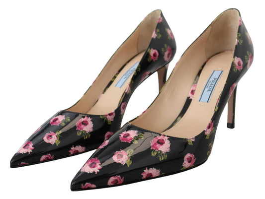 Prada Black Leather Floral Heels Stilettos Pumps | Fashionsarah.com